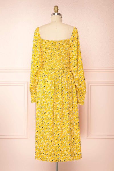 Aimee Yellow Square Neck Floral Midi Dress | Boutique 1861