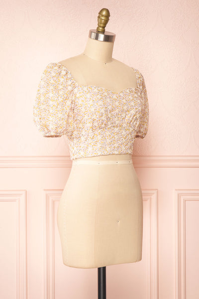 Elsa Pink Floral Embroidered Crop Top w/ Puff Sleeves | Boutique 1861 side view