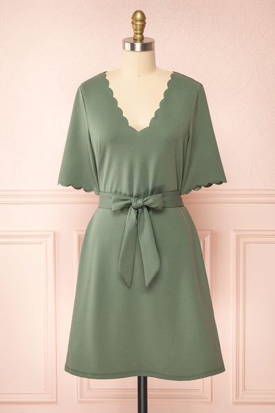 Envy Green Scalloped V-Neck Short Dress | Boutique 1861 front view