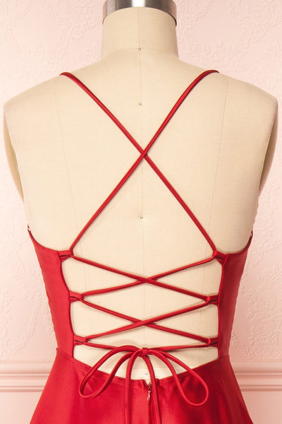 Julia Red Satin Maxi Dress | Boutique 1861 back view close up