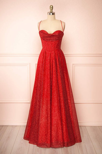 Lexy Red Sparkly Cowl Neck Maxi Dress | Boutique 1861 front view