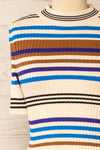 Motril Blue Ribbed Half Sleeve Top w/ Stripes | La petite garçonne front close-up