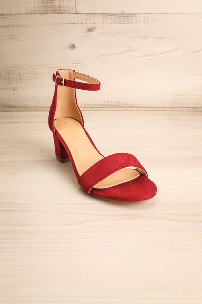 burgundy low block heels