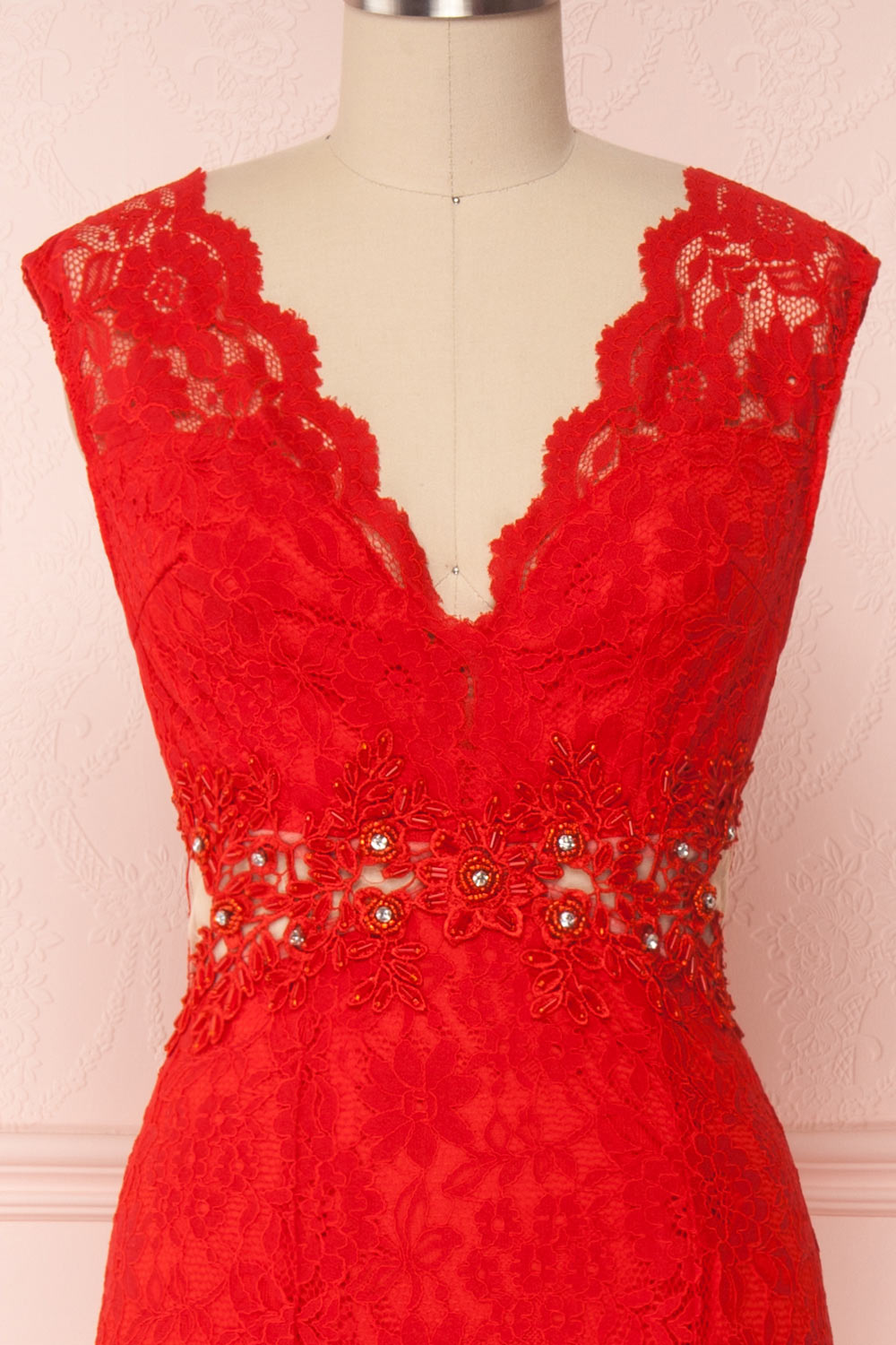 Selenay Red Lace Mermaid Gown with Plunging Neckline | Boutique 1861