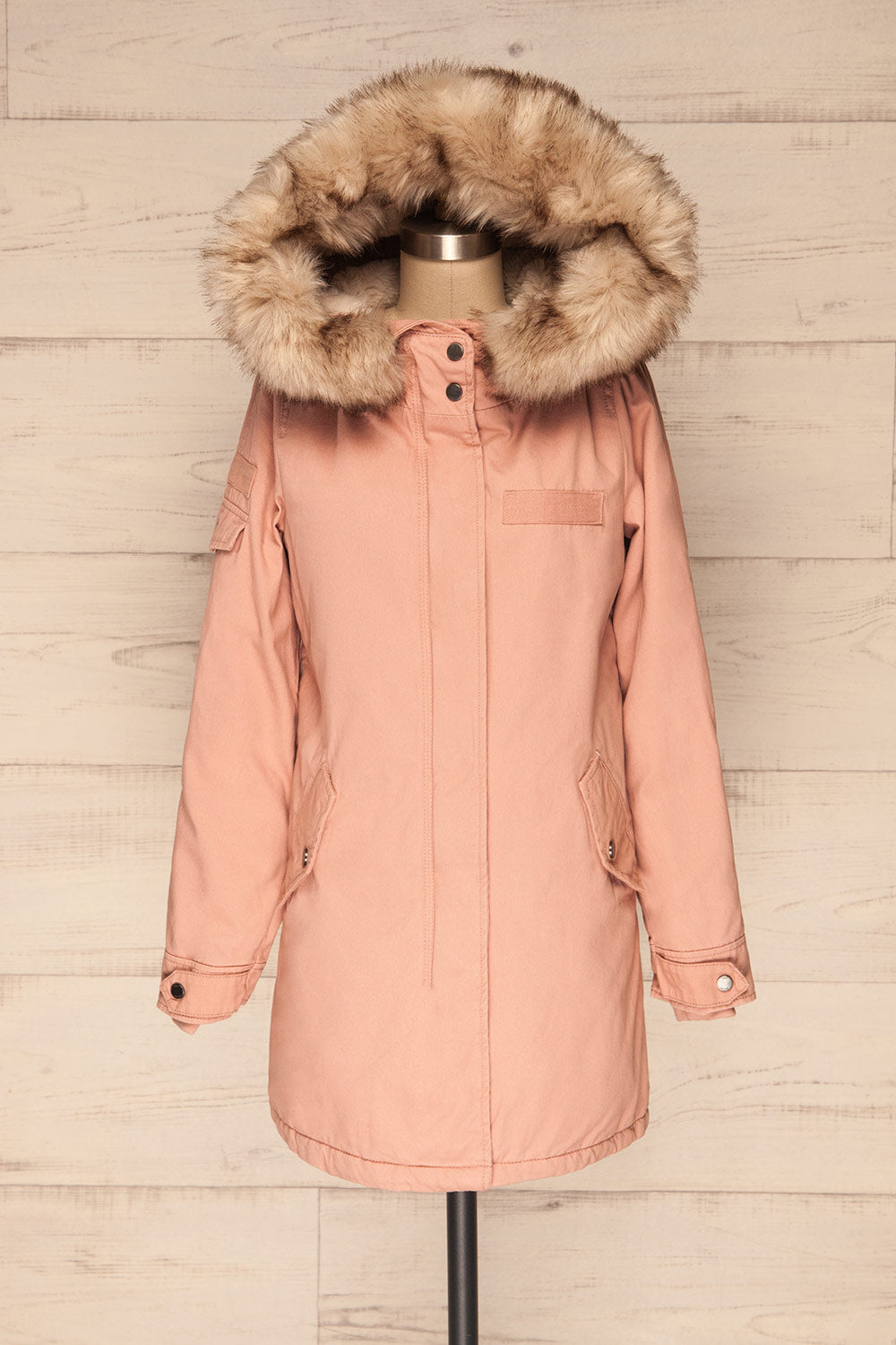 pink parka with fur hood