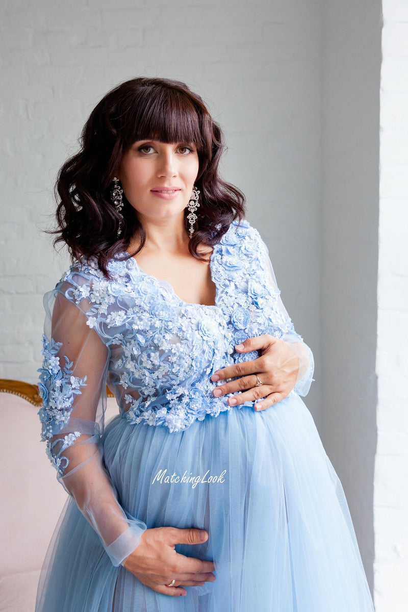 Baby Blue Maternity Lace Blue Dress for photoshoot