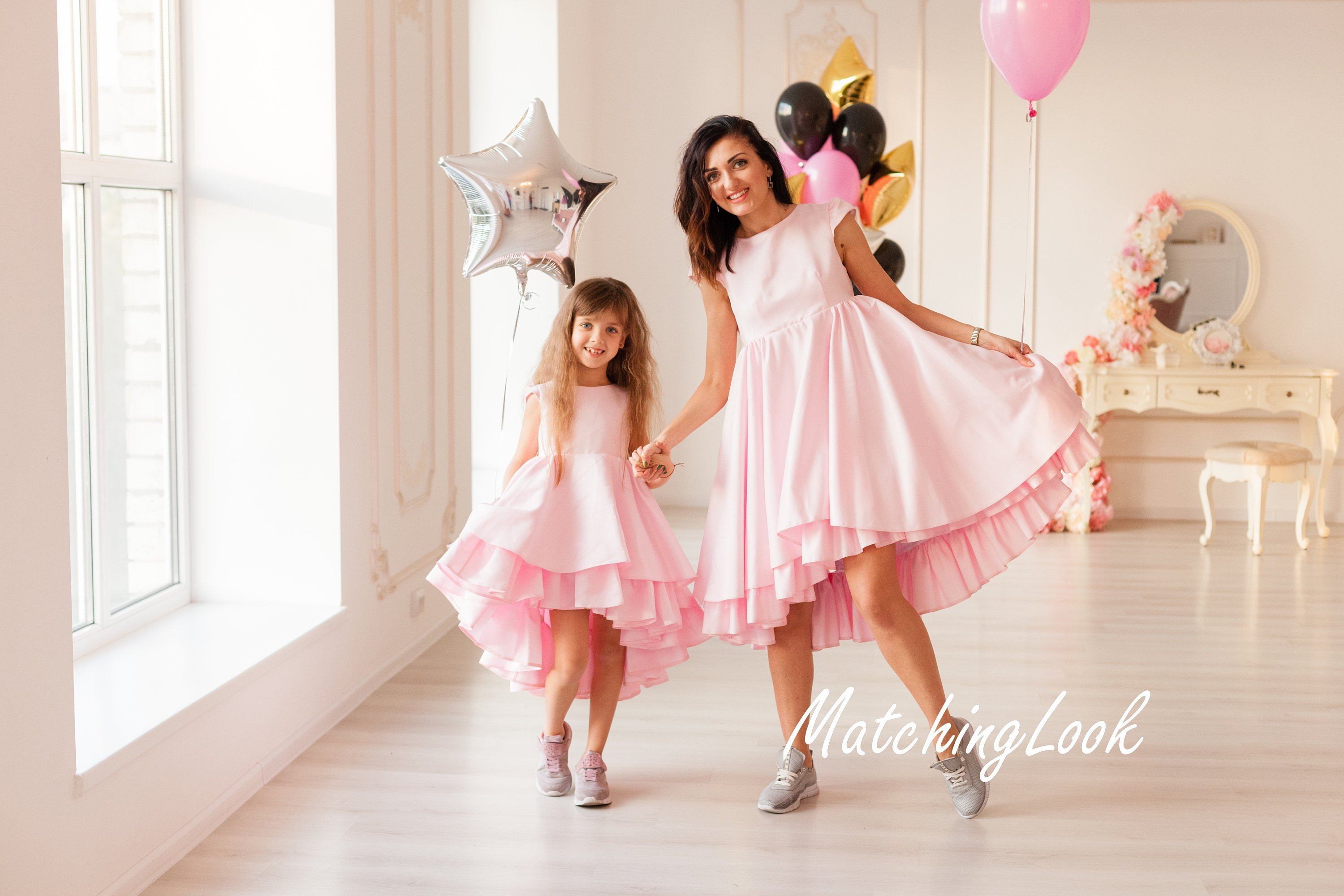 Baby pink Mom Daughter Matching Outfits with flounces