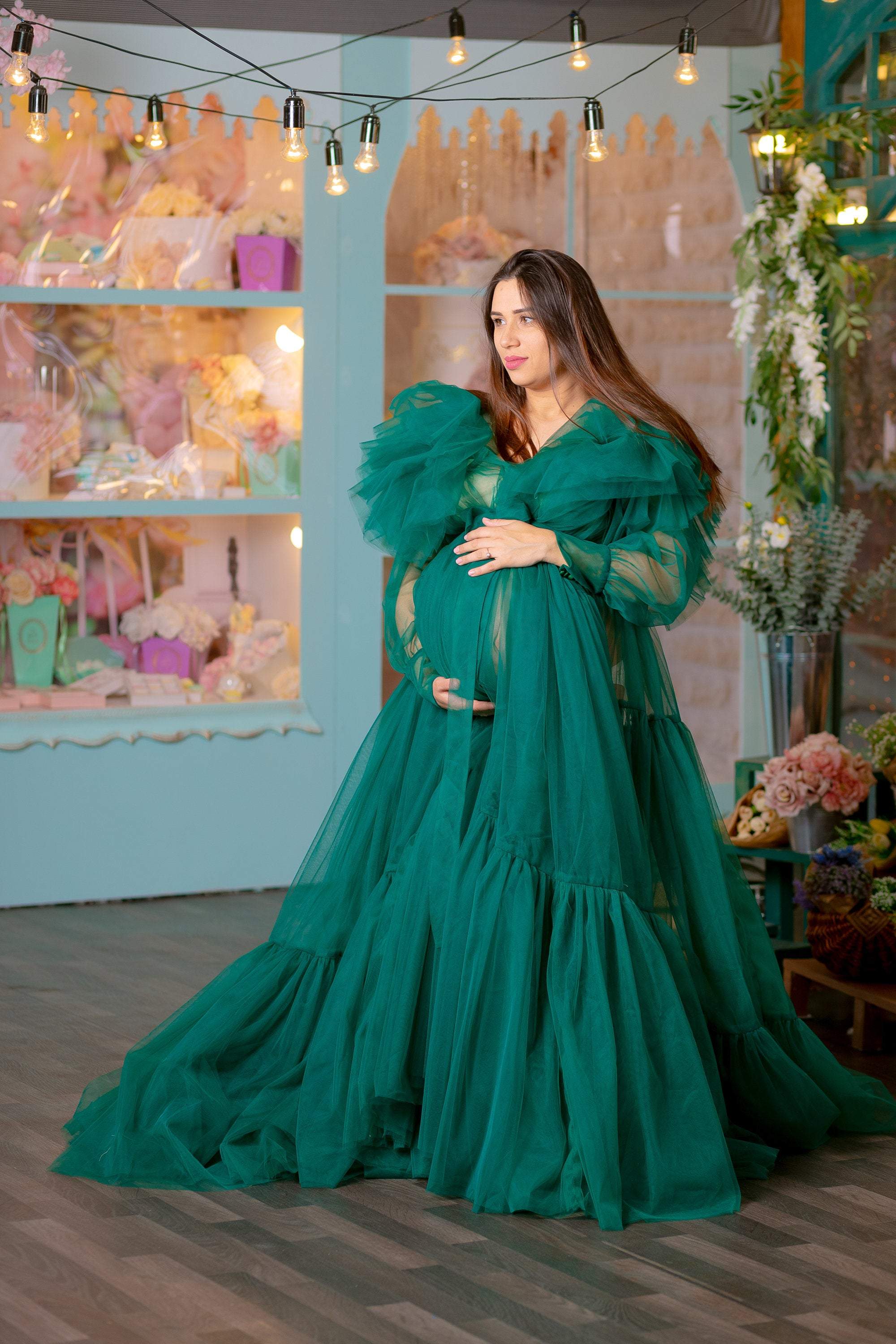 Emerald Green Maternity Tulle Robe for Photoshoot - Boudoir Maternity