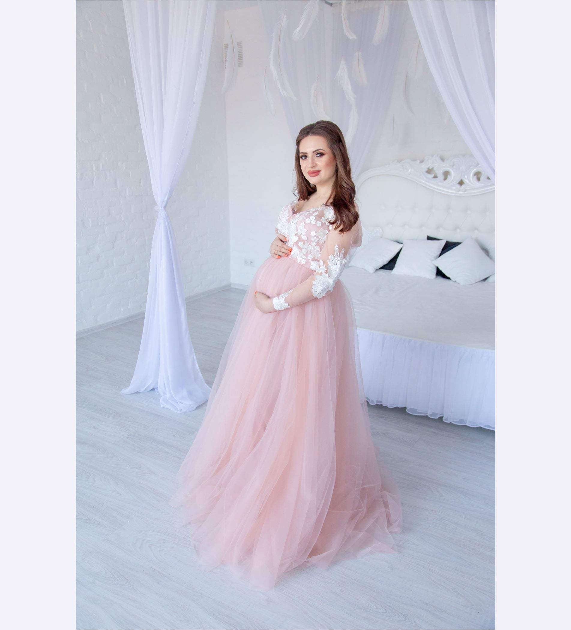 voor zag maak je geïrriteerd Blush Baby Shower Maxi Dress with long sleeves and decorated with bead