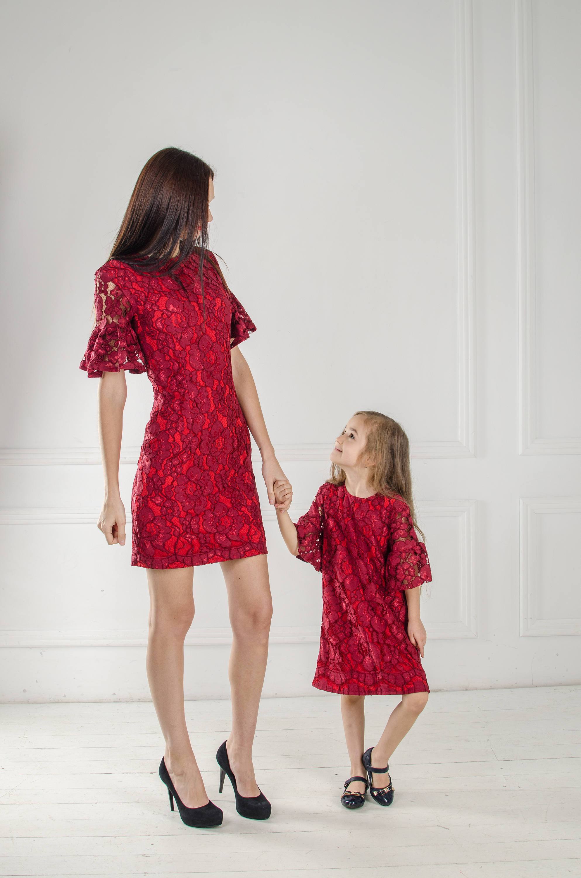 Mommy And Me Lace Dresses Burgundy Mother Daughter Matching Dresses O