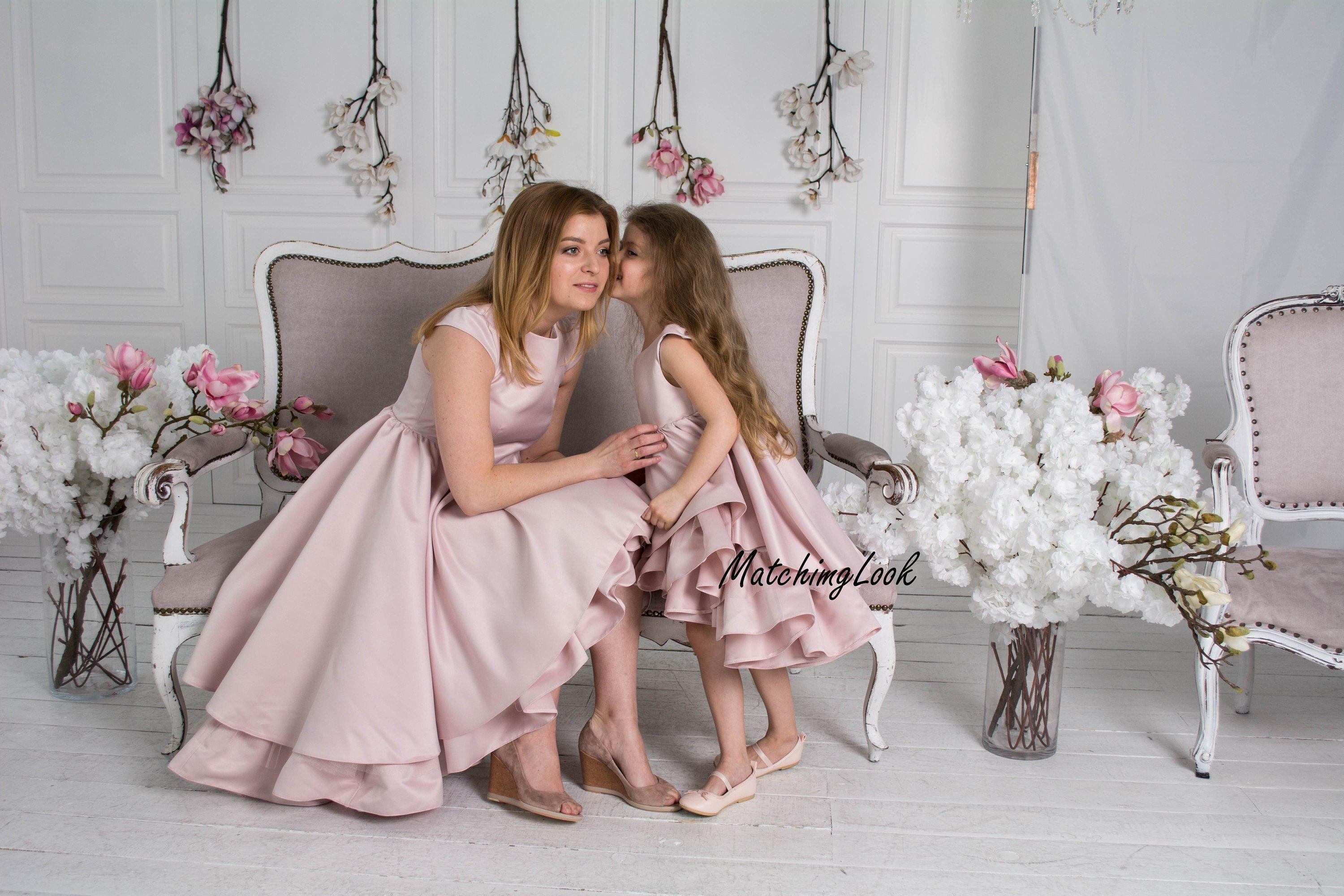 Baby pink Mom Daughter Matching Outfits with flounces