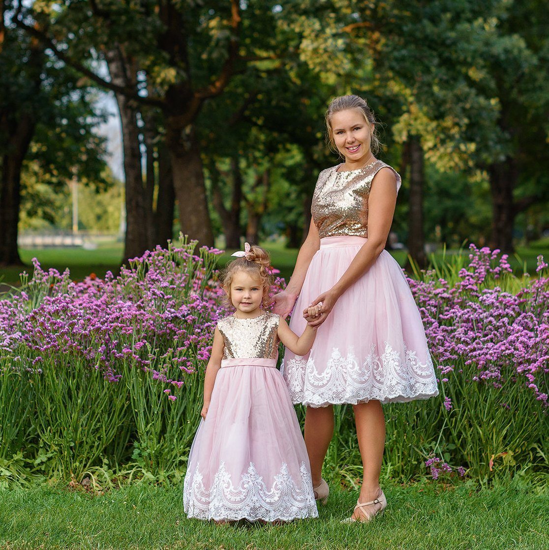 Mother daughter matching tutu lace dress, Gold sequin