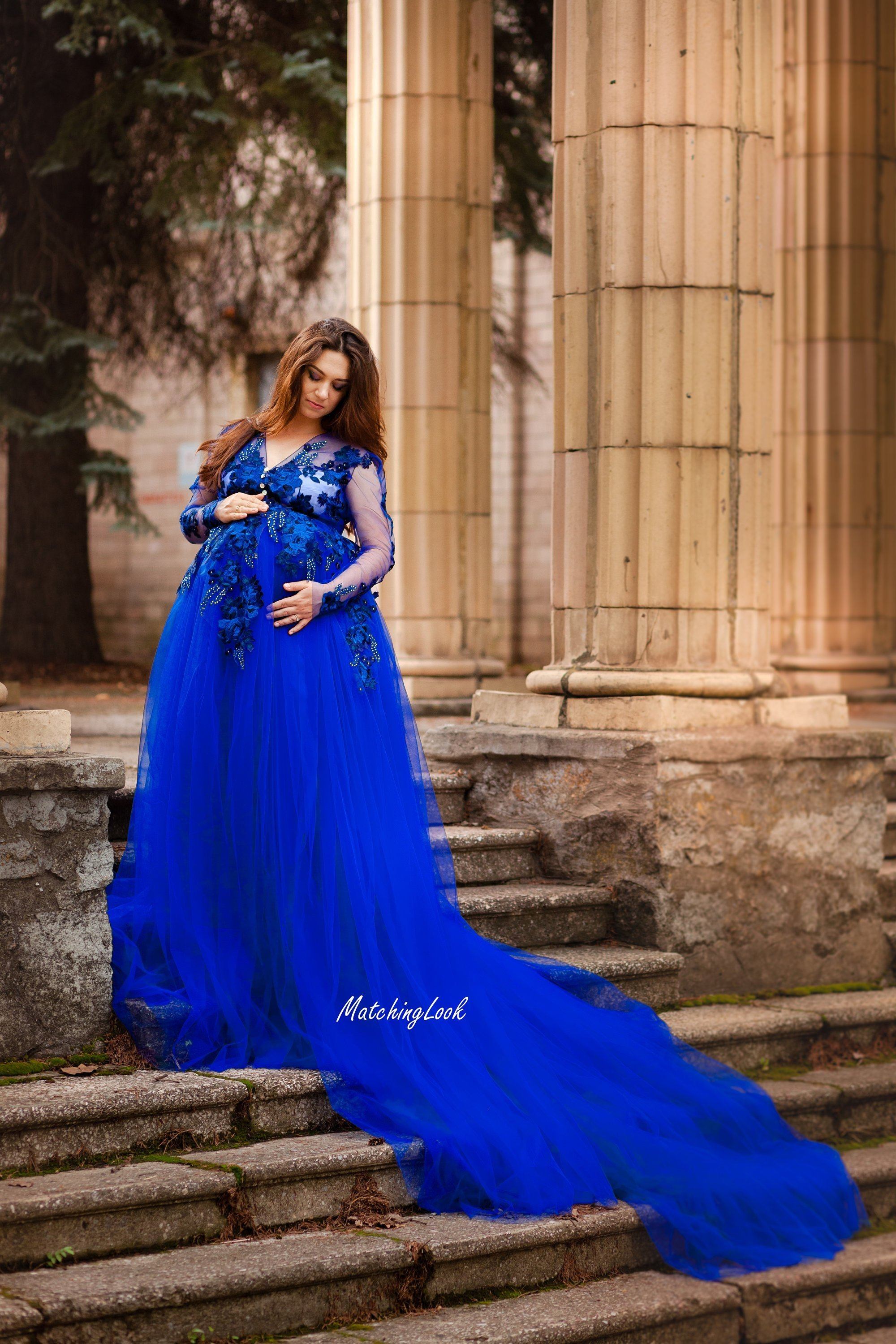 royal blue and gold maternity dress