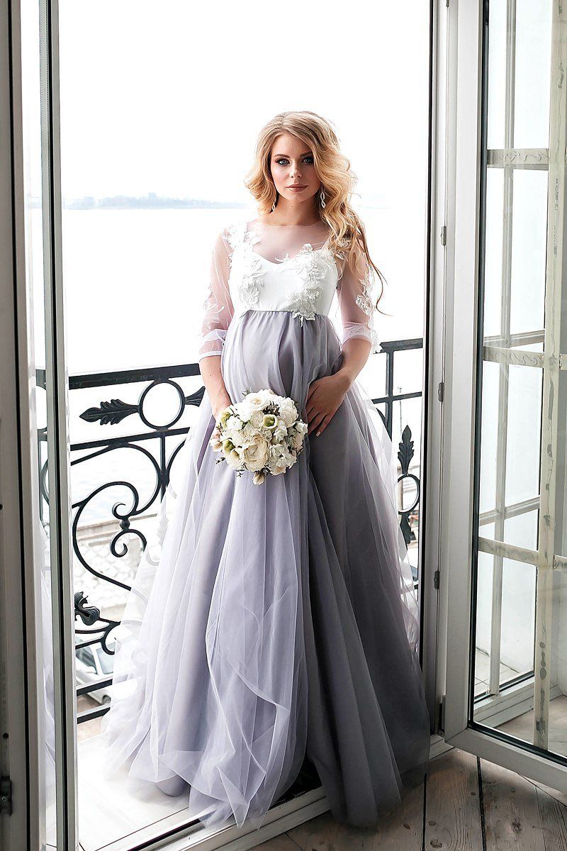 grey and white wedding dress