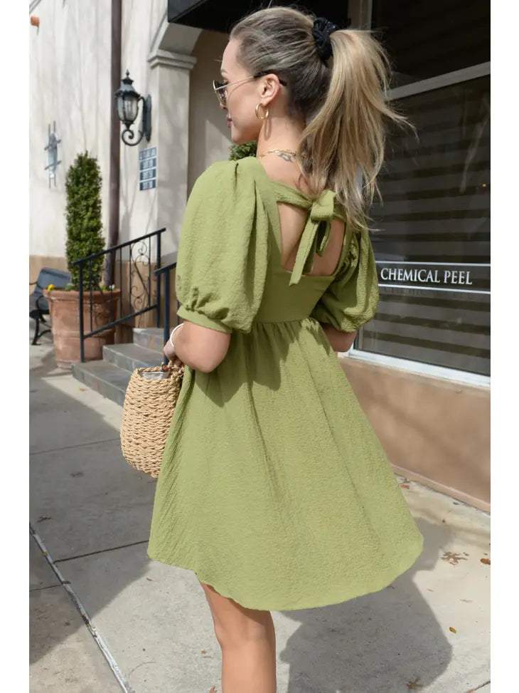 Square Neck Short Sleeve Woven Mini Dress