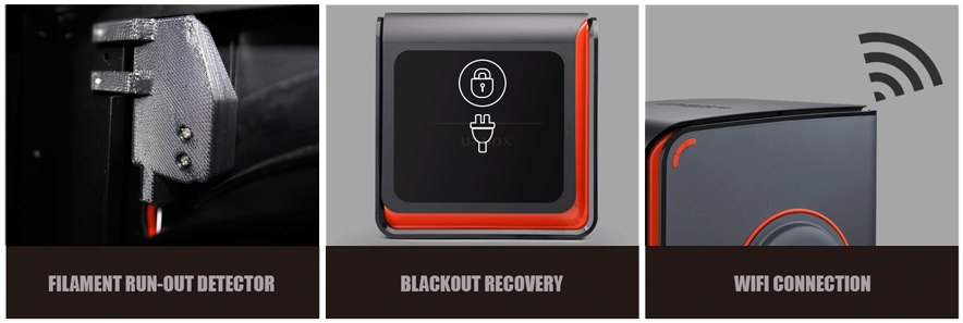 Up Box+ new features include filamet run out detection, blackout recovery and wifi connection