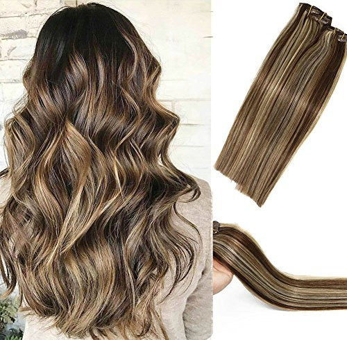 Human Hair Extensions Clip In Dark Brown To Blonde Highlights 2p613 Double Weft Brazilian Hair Clip On Balayage Ombre Hair Extensions 22 Inch 7 Pcs