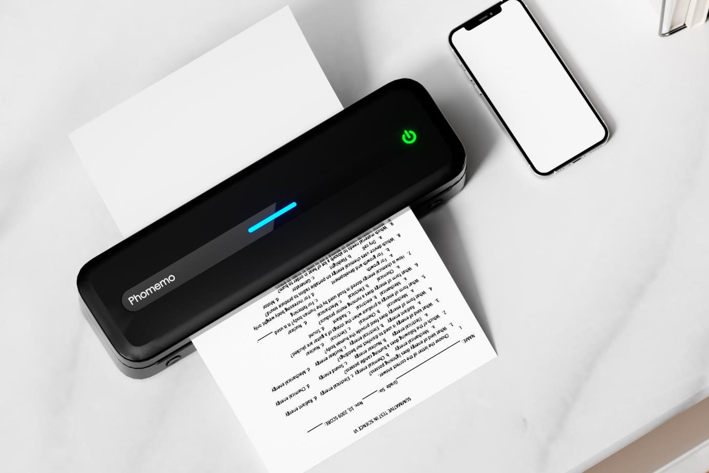 A portable printer is printing an A4 paper