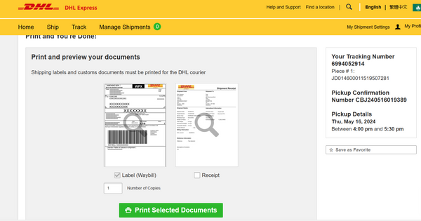 Print and preview document on DHL