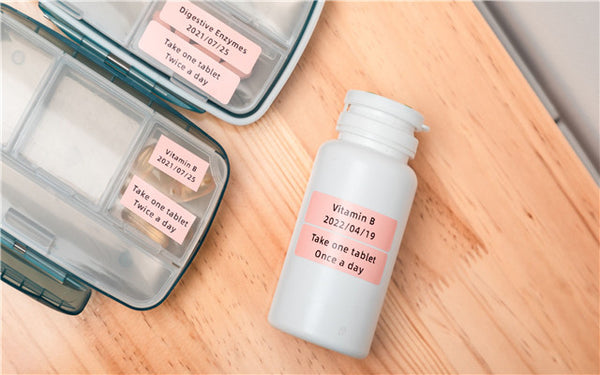 Use a label maker to print labels for medicine