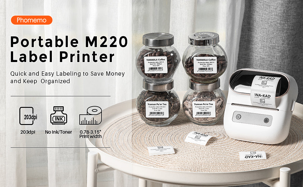 Phomemo M220 portable label printer, quick and easy labeling to save money and keep organized. 203 DIP, fast and high quality, no ink or toner, convenient and save money.