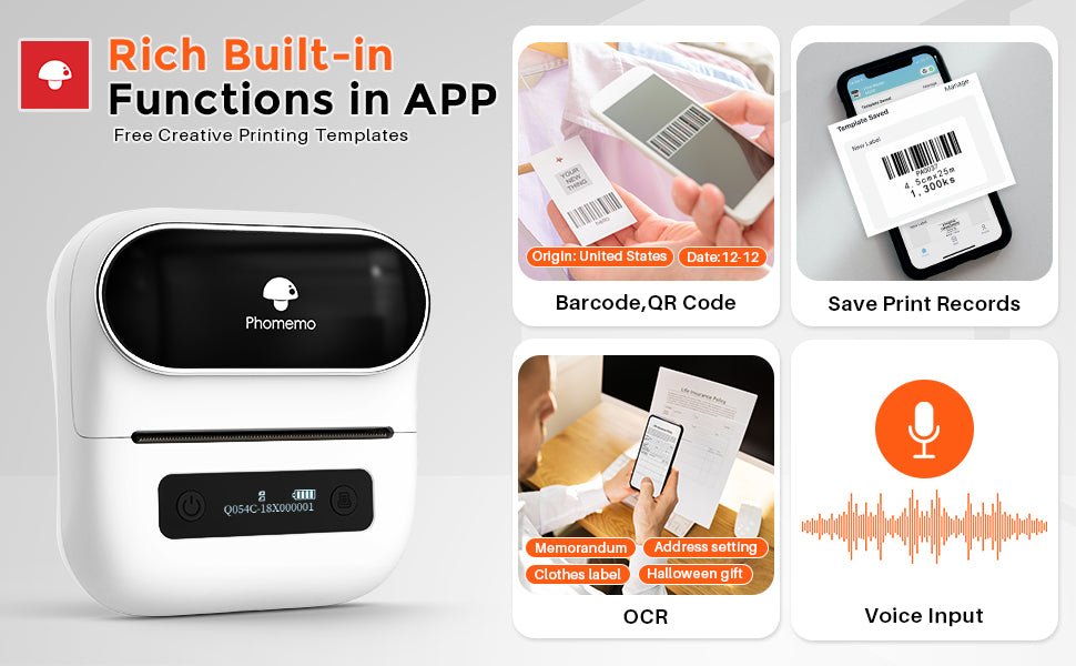 Print Master APP for Phomemo M220 has multiple functions, barcode, QR code, save print records, OCR, and voice input.