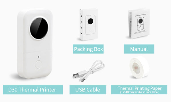 In the box of Phomemo D30 portabel thermal printer, there is a D30, a packing box, a manual, a USB cable, and a thermal printing paper.