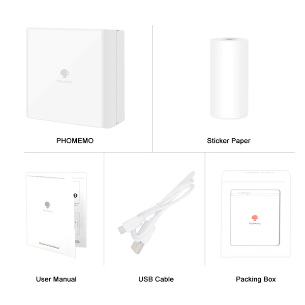 In the box on Phomemo M02, there are a printer, a sticker paper, a user manual, a USB cable, and a packing box.