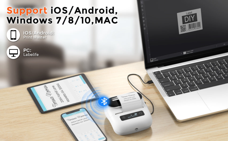 Phomemo M220 portable thermal label printer can connect to PC or laptop. The APP on mobile phone is Print Master, the software on PC is labelife, easy to use, quick DIY your label.