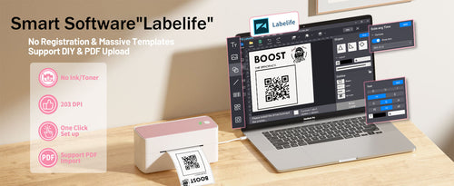 You can use smart software Labelife on laptop to connect Phomemo PM-241-BT bluetooth shipping label, it has 203 DPI, which is high quality. One click set up, so easy to use. Support PDF import, DIY.