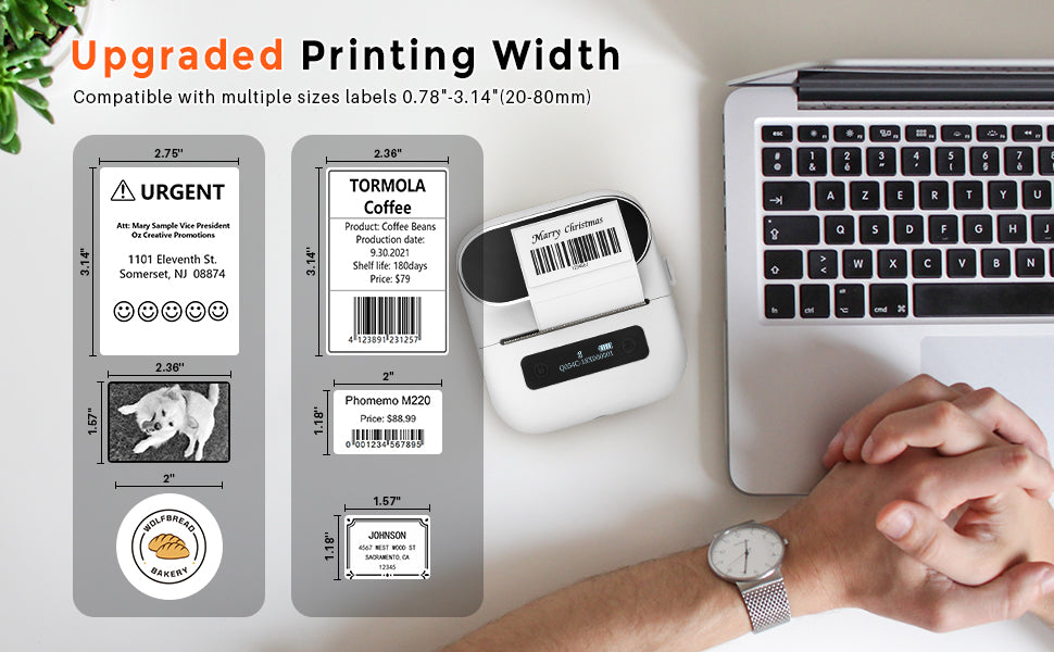 Phomemo M220 portable thermal label printer upgraded printing width, compatible with multiple sizes labels, 20-80mm, easy and helpful for your life.