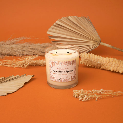 Pumpkin and Spices 100% Soy Wax Candles on a Spice Background with Fall Decor