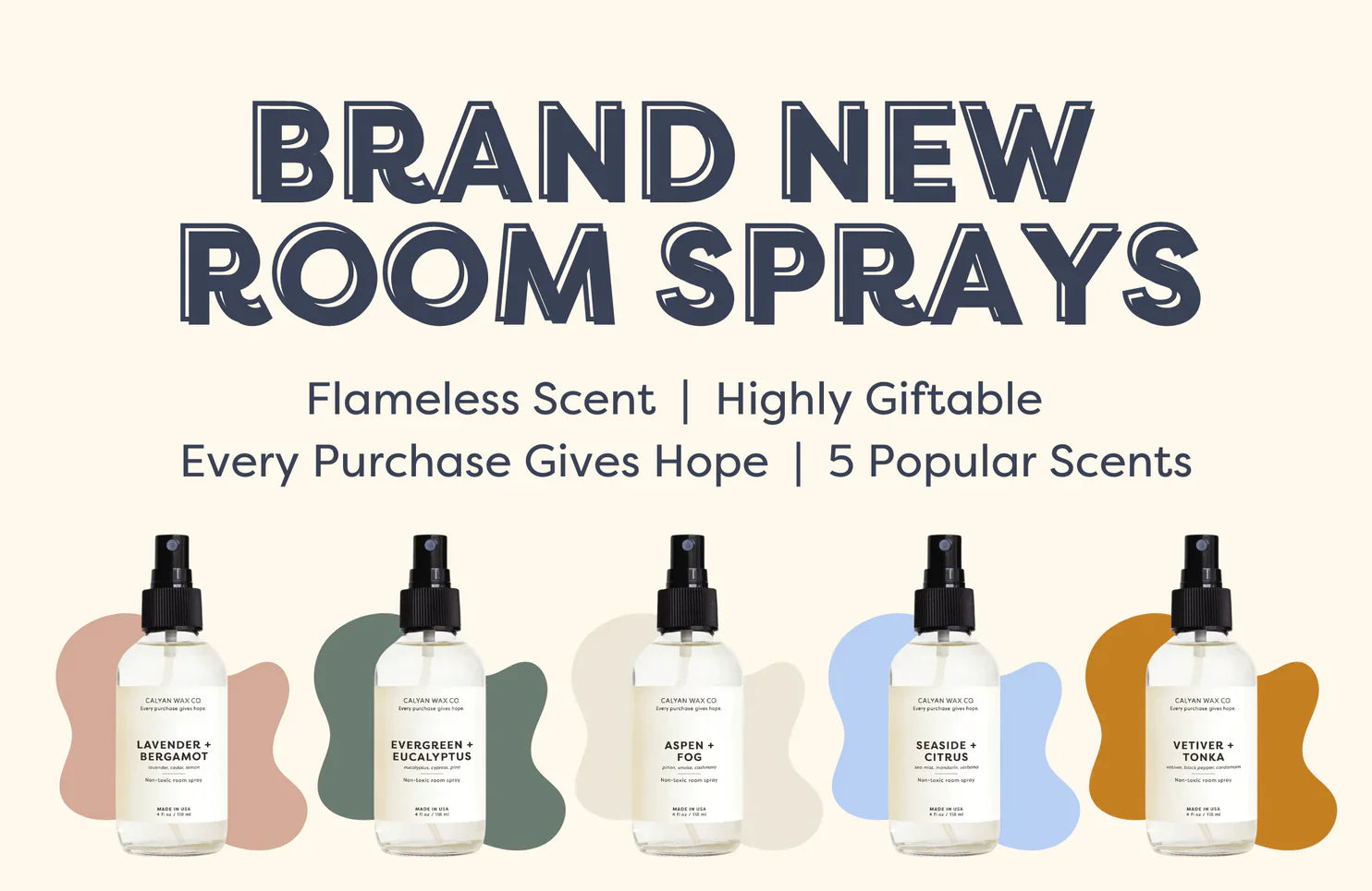 Image of 5 brand new room sprays with selling points. Flameless Scent | Highly Giftable Every Purchase Gives Hope 5 Popular Scents