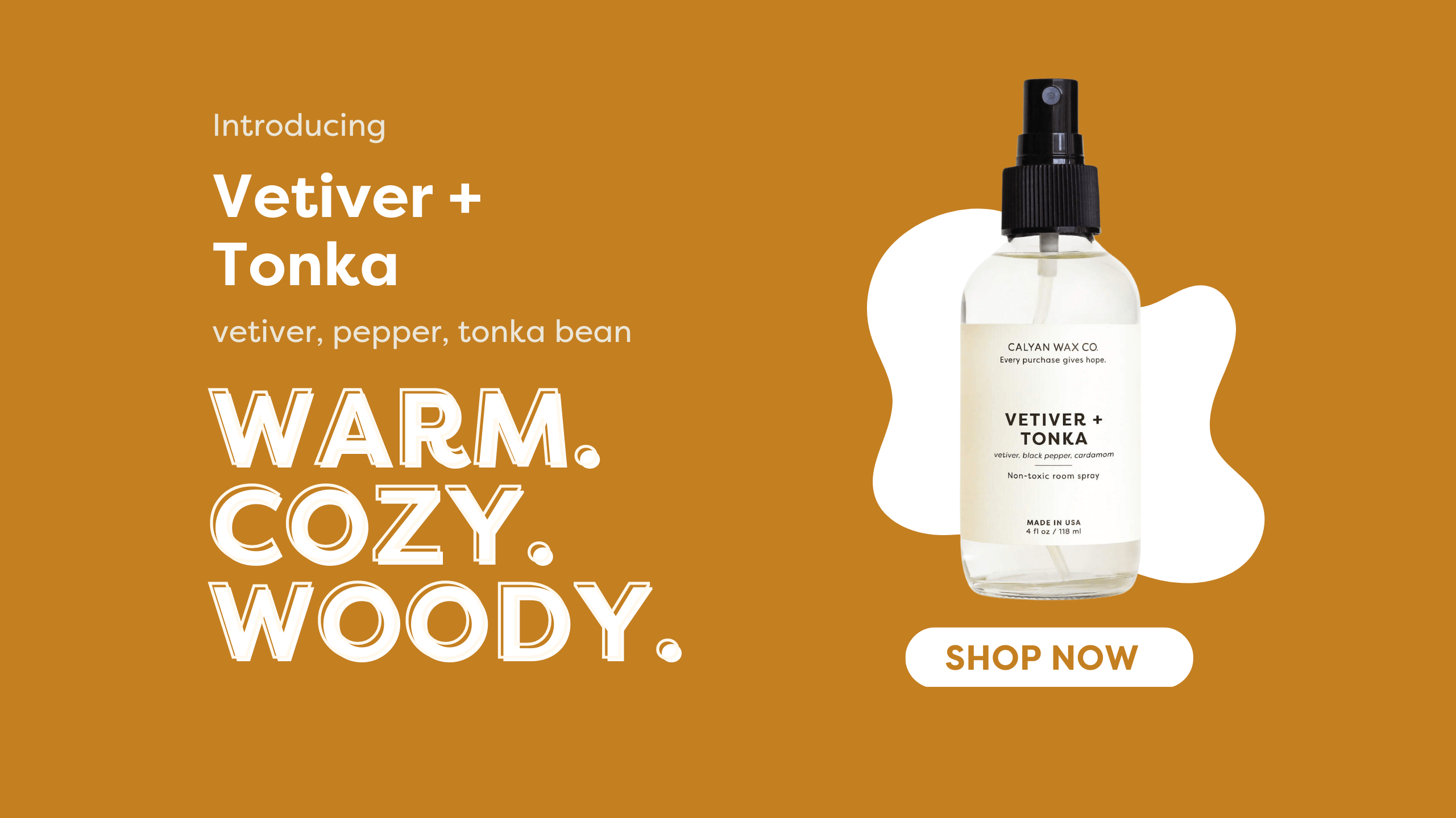 Vetiver + Tonka Room Spray with Buy Now Button - smells like vetiver, pepper, and tonka bean - warm woody and cozy