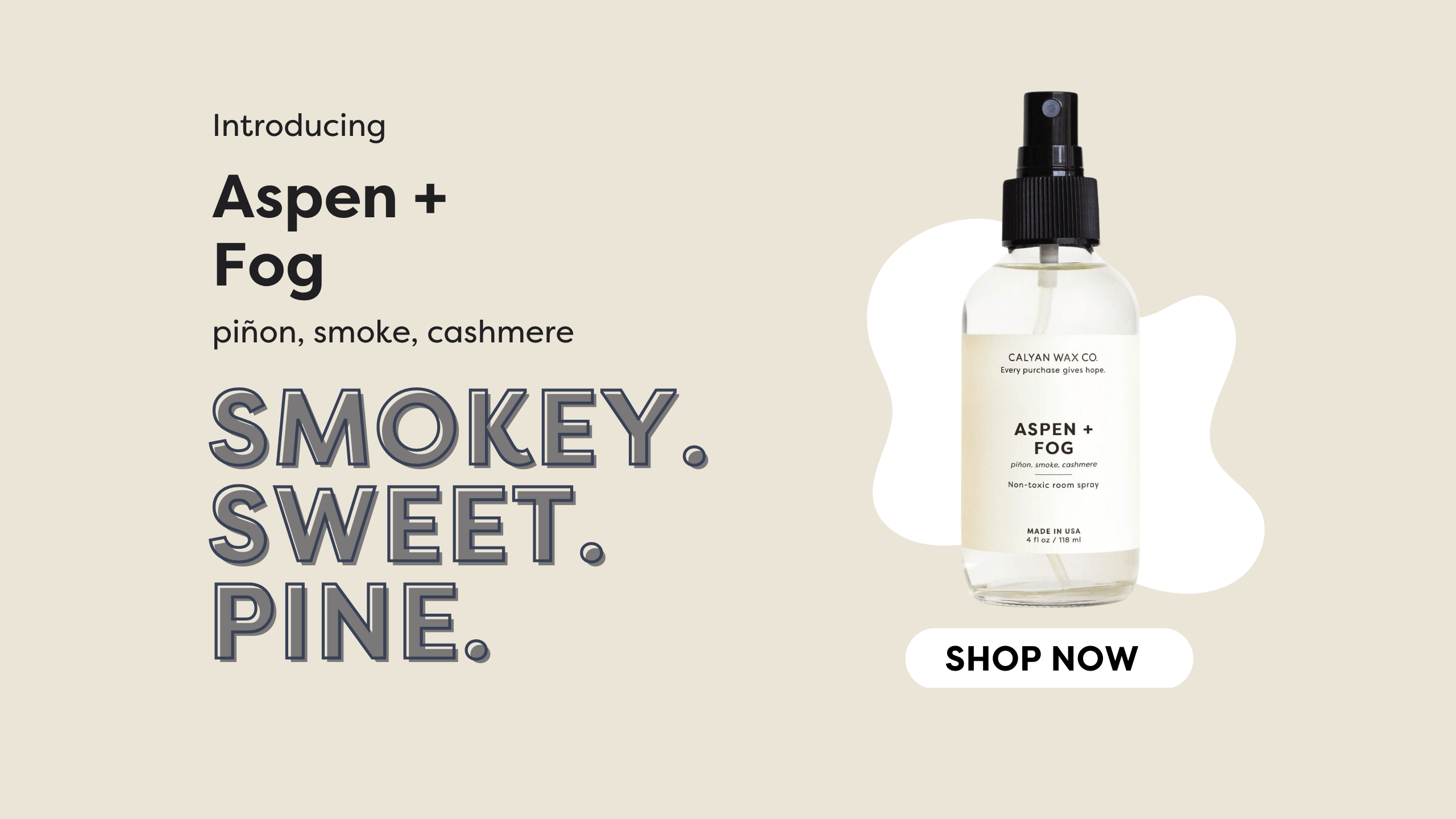 Aspen + Fog Room Spray with Buy Now Button - smells like piñon, smoke, and cashmere - sweet, smokey, and pine