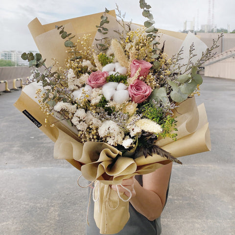 Pink Preserved Rose in Rustic Brown Wrapping