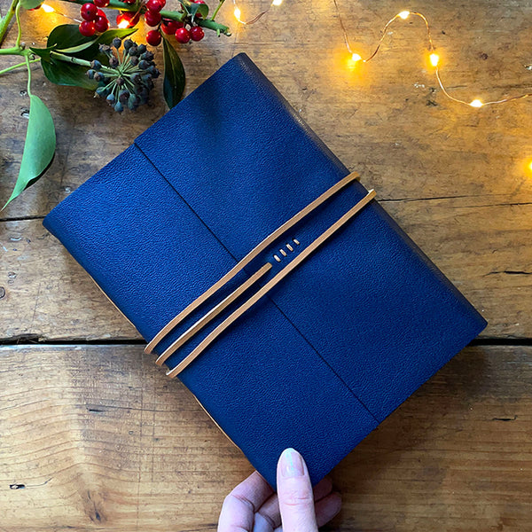 Leather Journal bound in Navy Blue with Tan details, a quality handmade Christmas gift