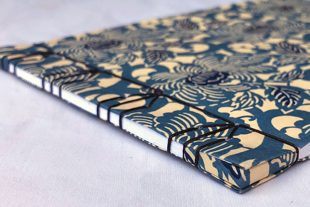Tortoiseshell Japanese Stab Stitch book with Chiyogami paper and Navy linen thread