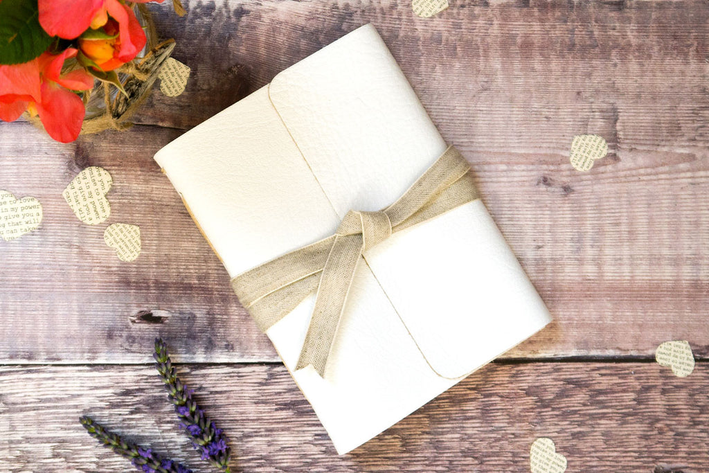 White Leather Notebook with Linen Ribbon tie, handmade in England by Susan Green