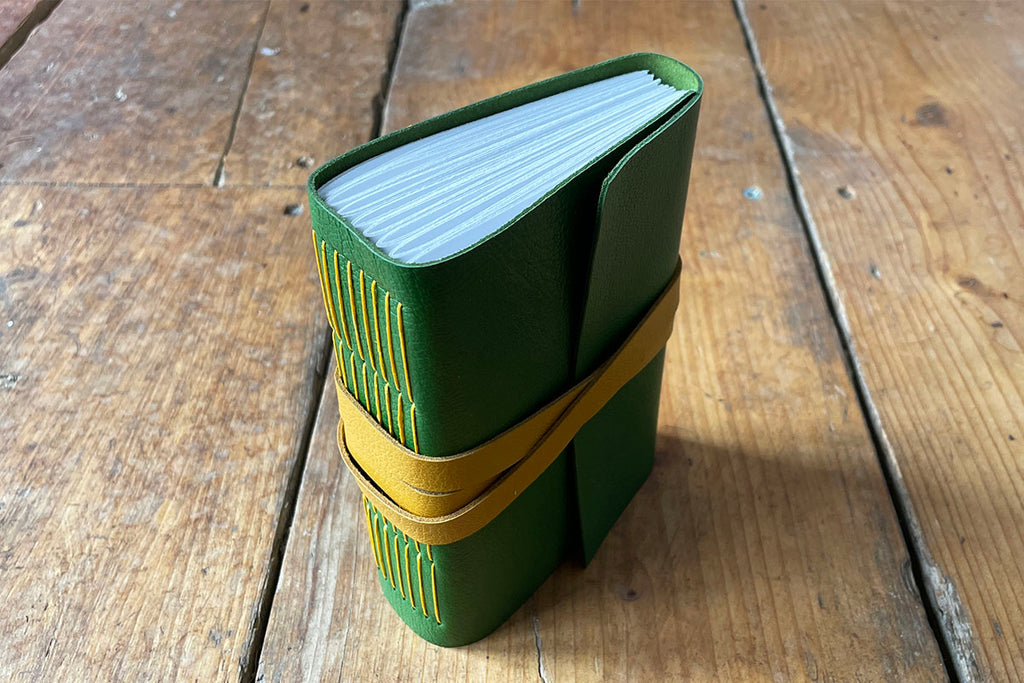 Leather Sketchbook / Journal bound by hand in Green and Yellow with Longstitch spine stitching, A6 portrait size