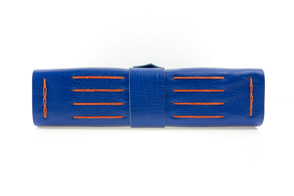 Leather bound Memory Book in Bright Blue and Orange, handmade in the UK