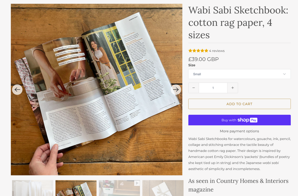 Screenshot of Wabi Sabi cotton rag Sketchbook product page, as seen in Country Homes and Interiors magazine