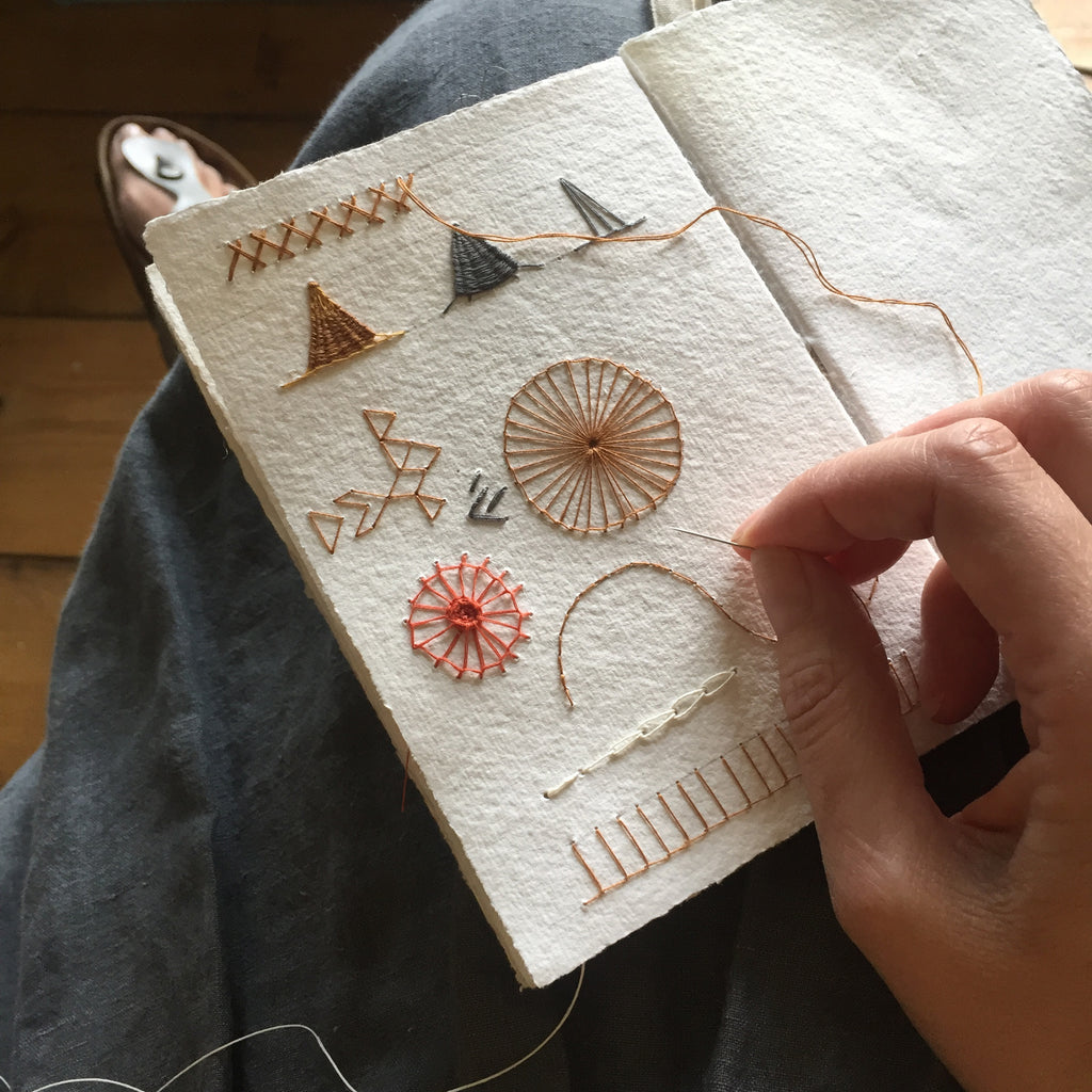 Stitching in cotton rag sketchbook from Bound by Hand