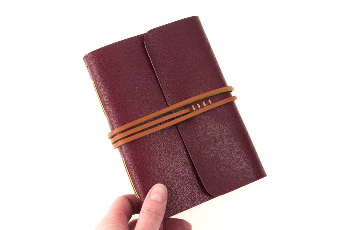 A6 Leather Journal Maroon  Tan  with marbled endpapers 