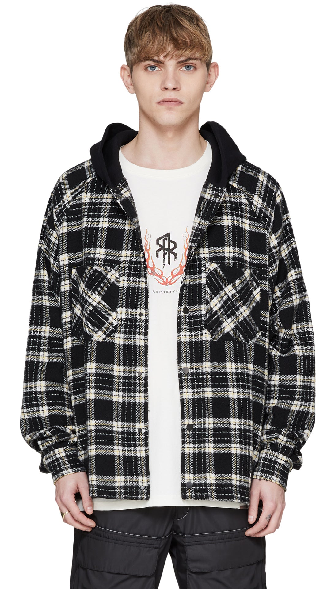 black and white hooded flannel