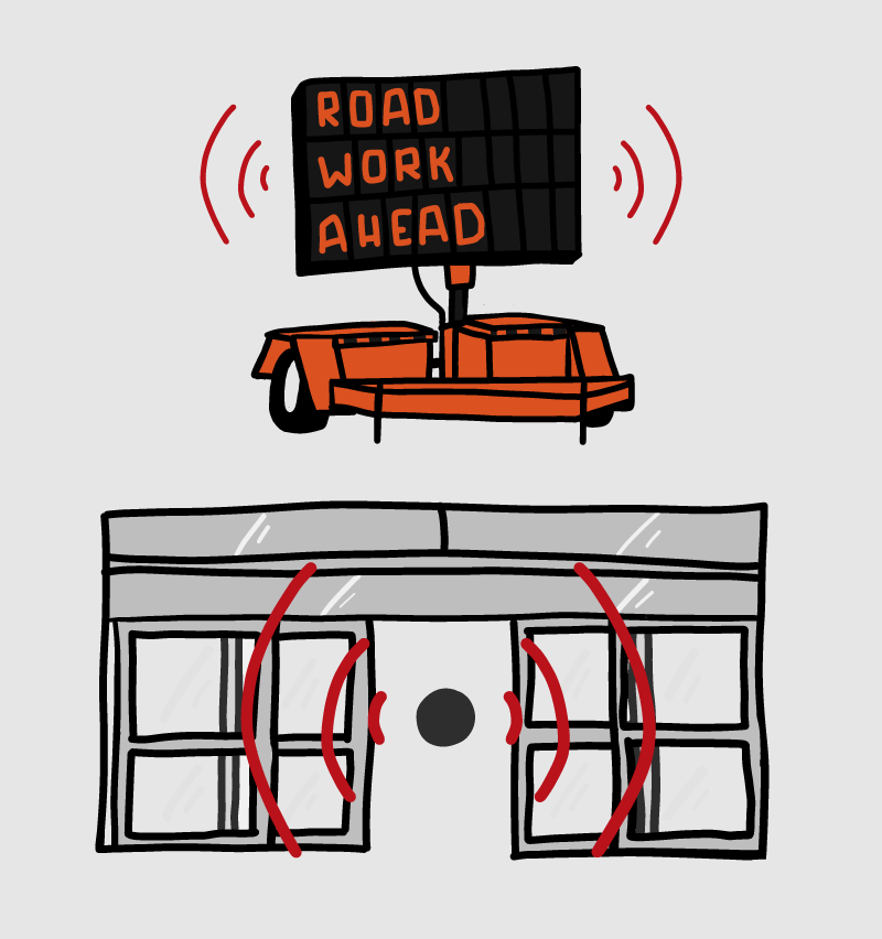 Road Work Ahead + Automatic Sliding doors with motion sensors.