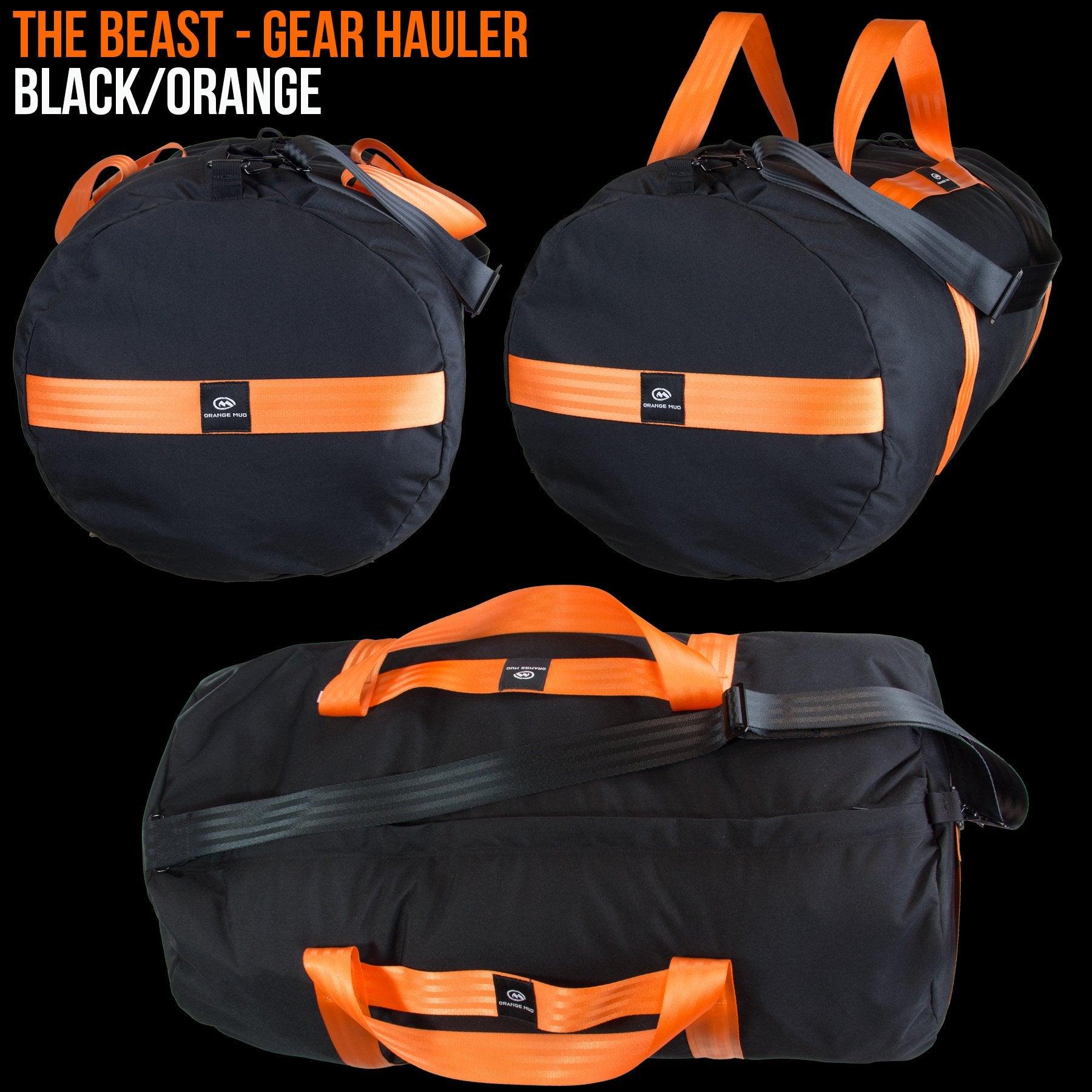 orange and black duffle bag