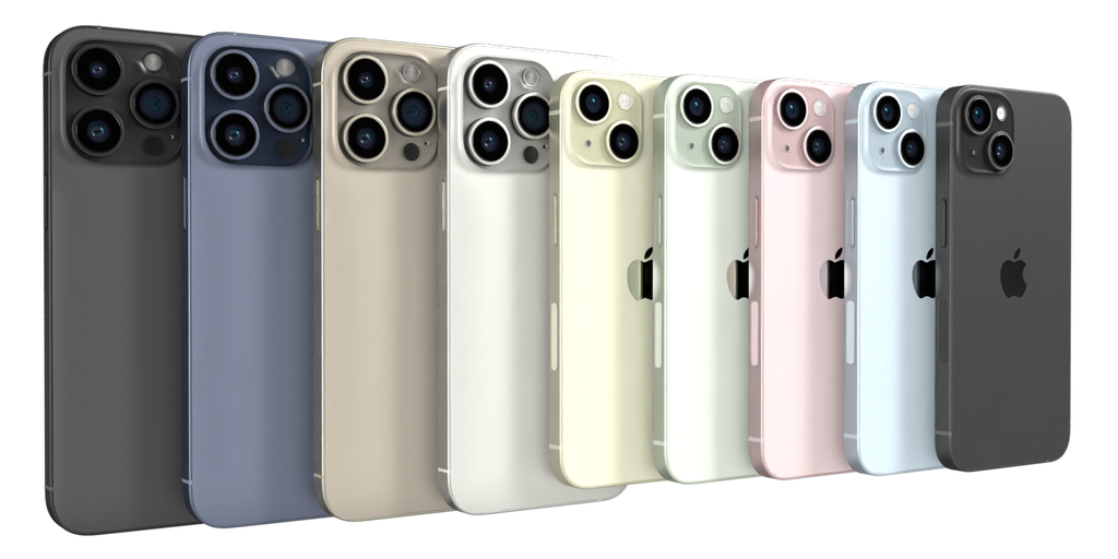 the iphone 15 series by apple including the full array of colors for the 15, plus, pro, and pro max