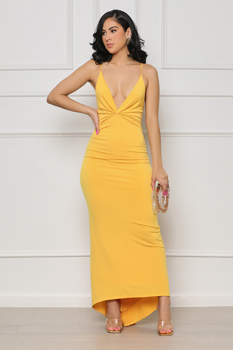 Category Elegance Plunge Maxi Dress (Yellow) - Lilly's Kloset