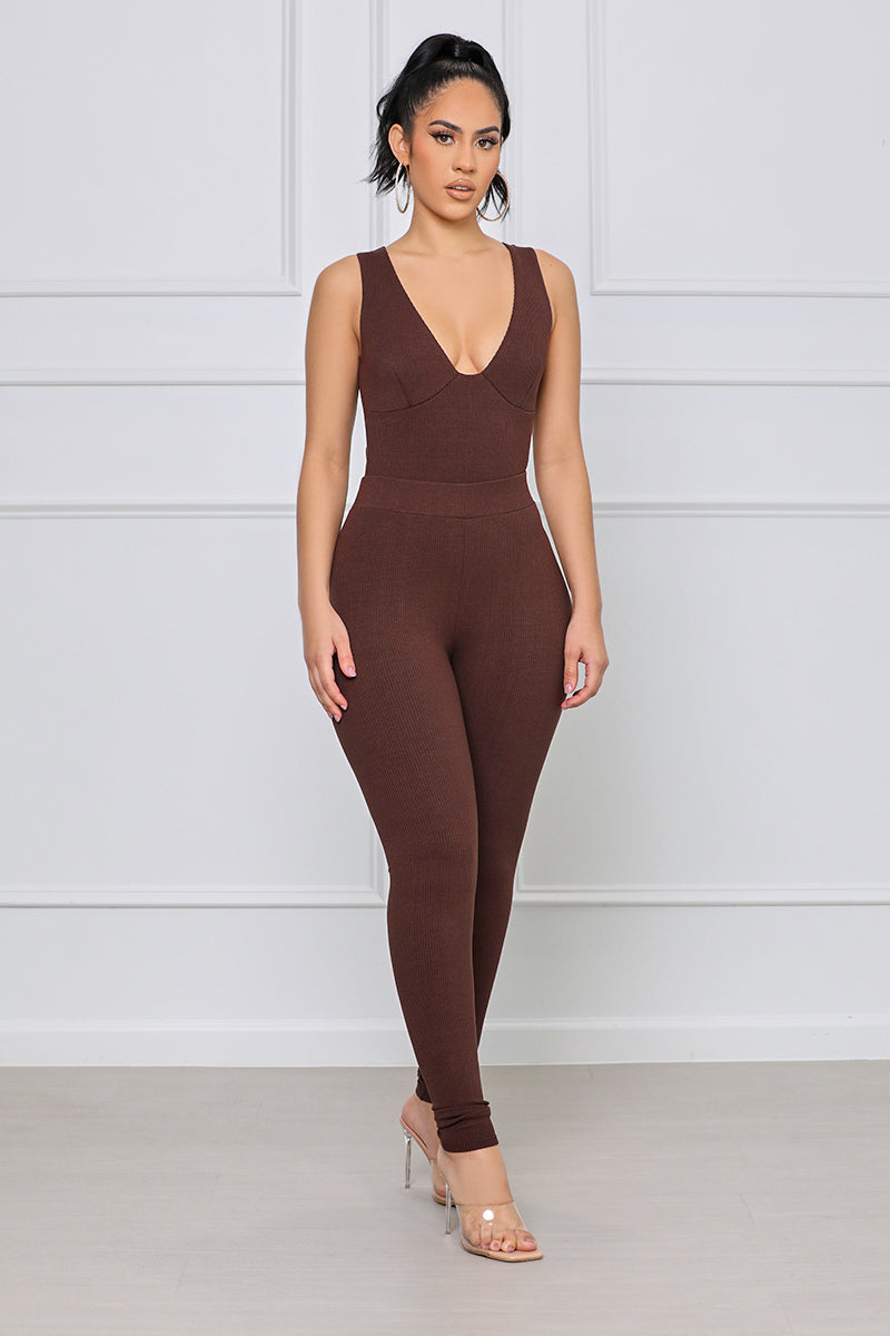 Chocolate Brown Ribbed Tie Waist Leggings